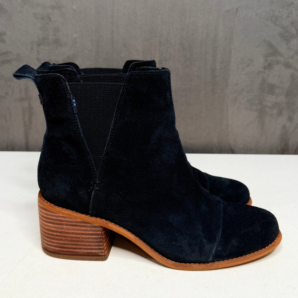 TOMS Marina Chelsea Bootie Womens 9 Black Suede Stacked Block Heel Round Toe